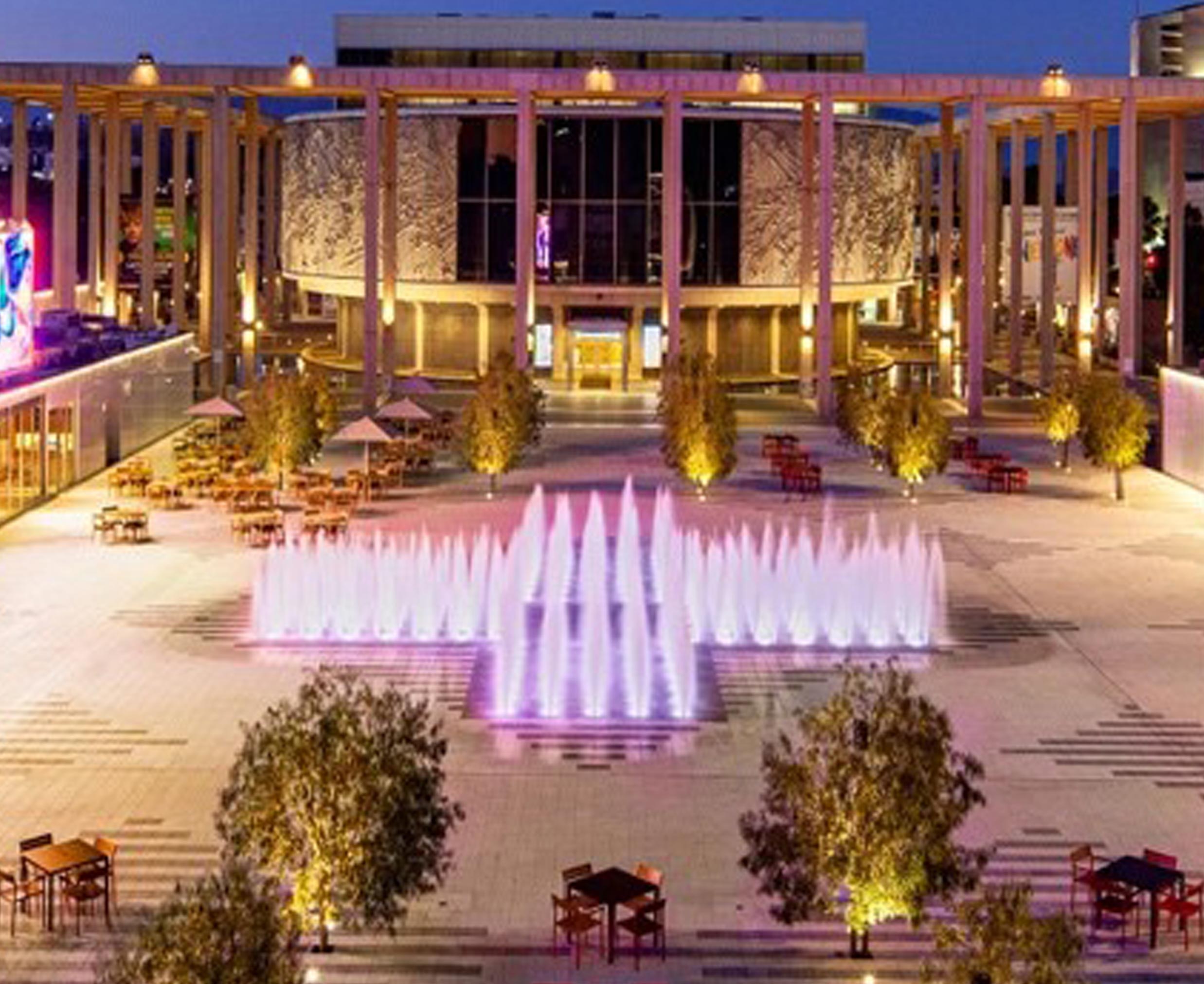 Image of fountain installation with water and lights turned on