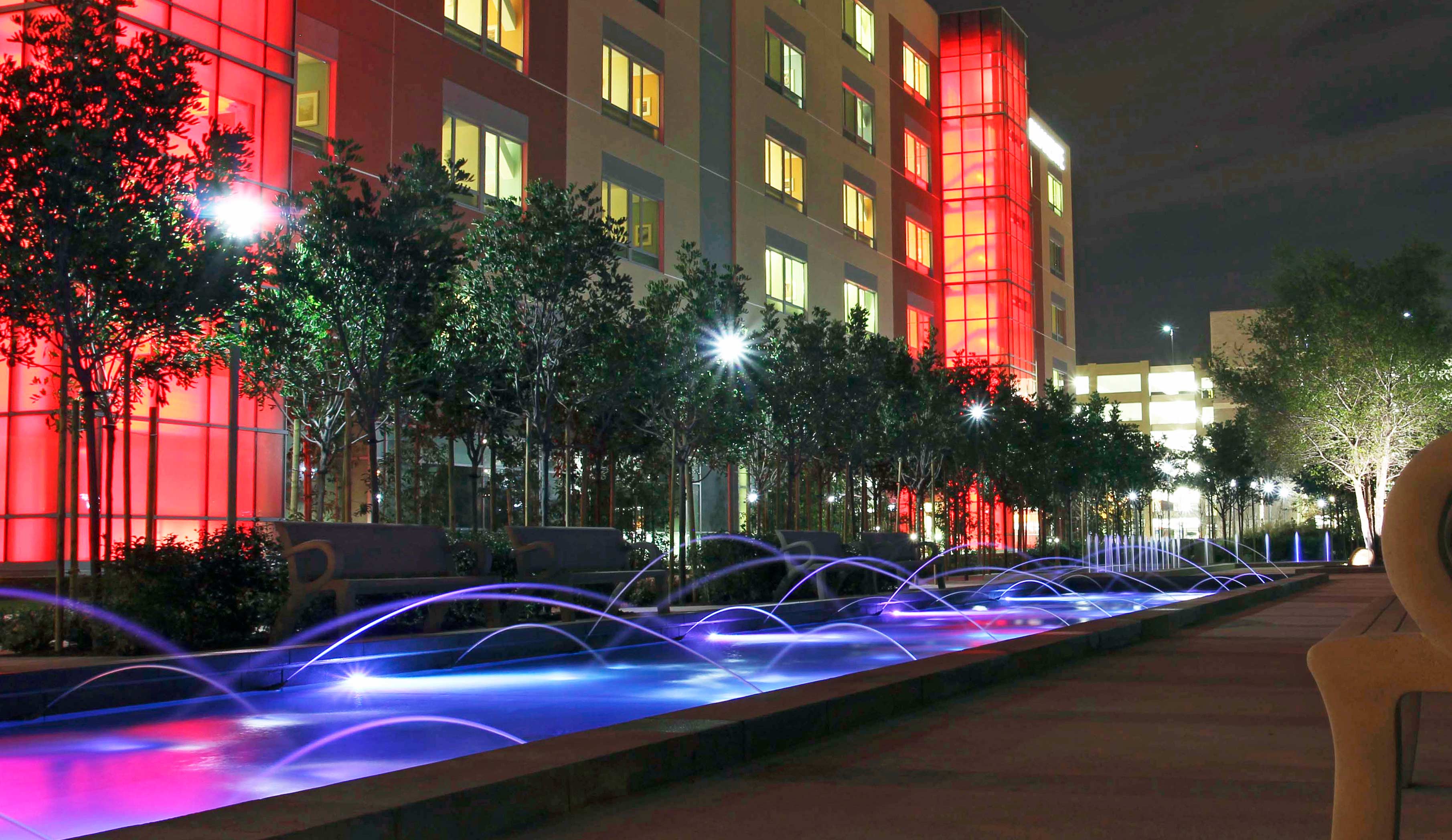Healthcare fountain with lights at night